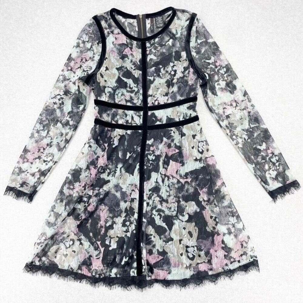 L NWT Fire Los Angeles Black Lace Overlay Velvet Cage Long Sleeve Empire Dress - Picture 5 of 11